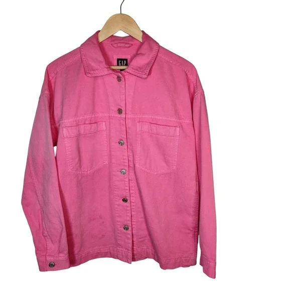 Y2K GAP Denim Jacket Pink Utility Button Oversized Trucker Cargo Streetwear XS - Picture 6 of 15